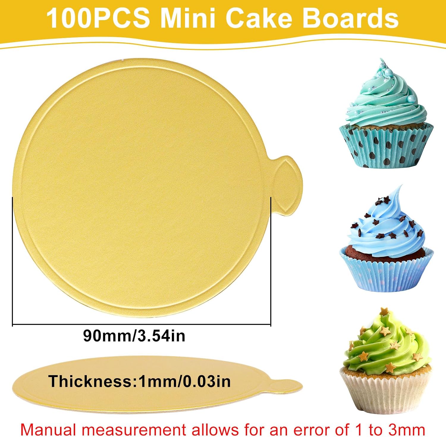 3.5 Inch Mini Cake Boards, 100PCS Round Mousse Cupcake Base, Golden Cake Plates Circle Dessert Boards for Home Kitchen and Bakeries