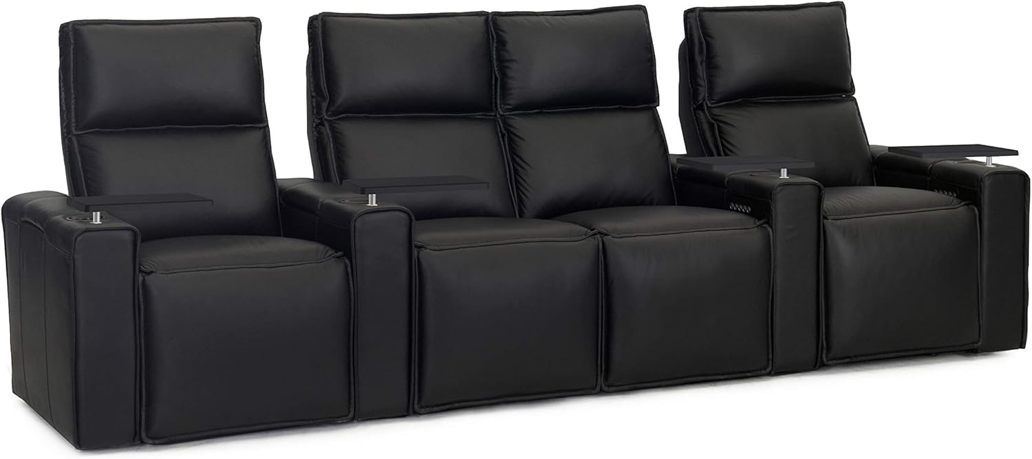 Octane Pillow Leather Power Headrest & Power Recline Home Theater Recliners, Black (Set of 4)