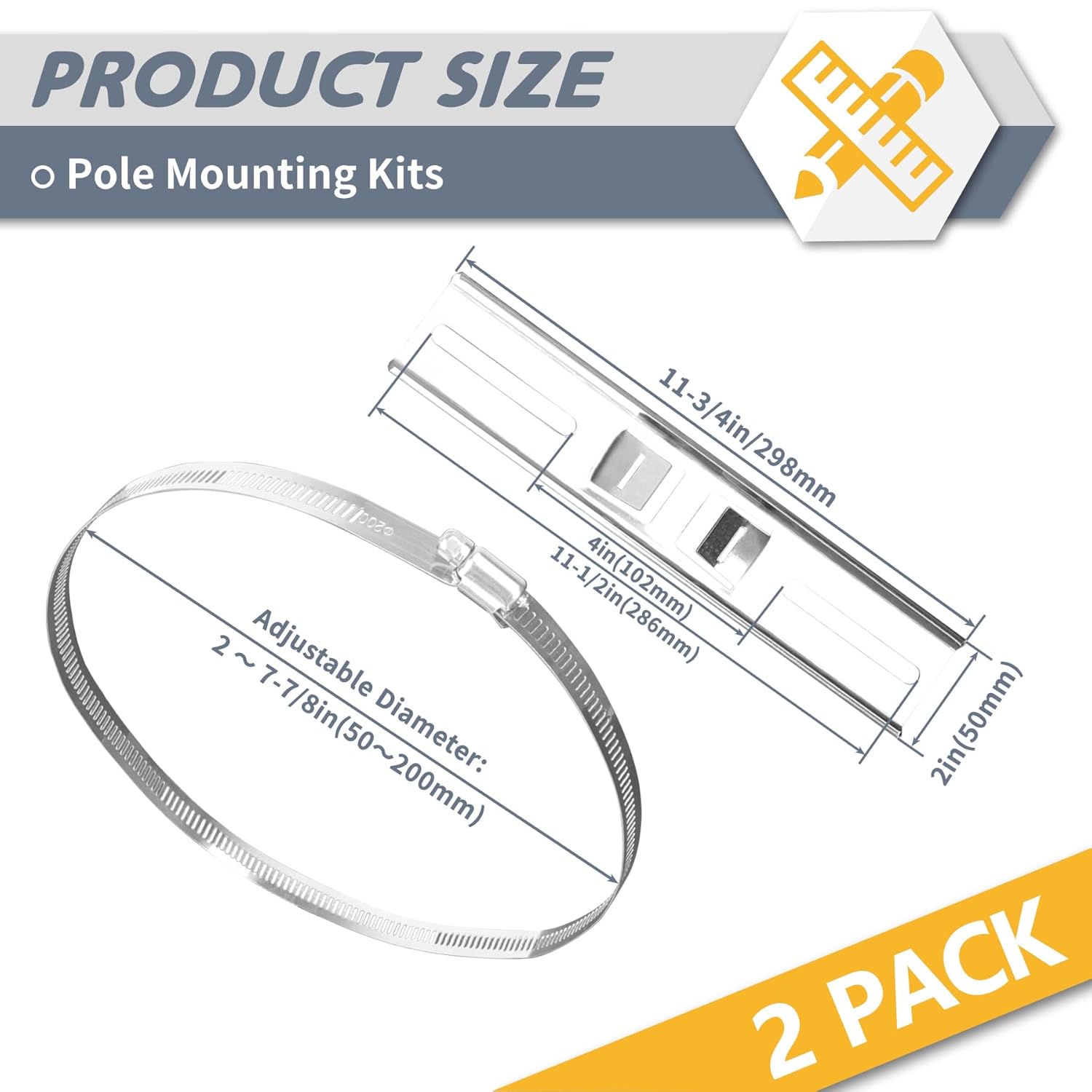 Flamorrow Pole Mounting Kits, 304 Stainless Steel 11.8" x 2" Brackets with Adjustable 50-200mm Clamp for Indoor & Outdoor Waterproof Junction Boxes, Fits Plastic Electrical Enclosure Project Boxes