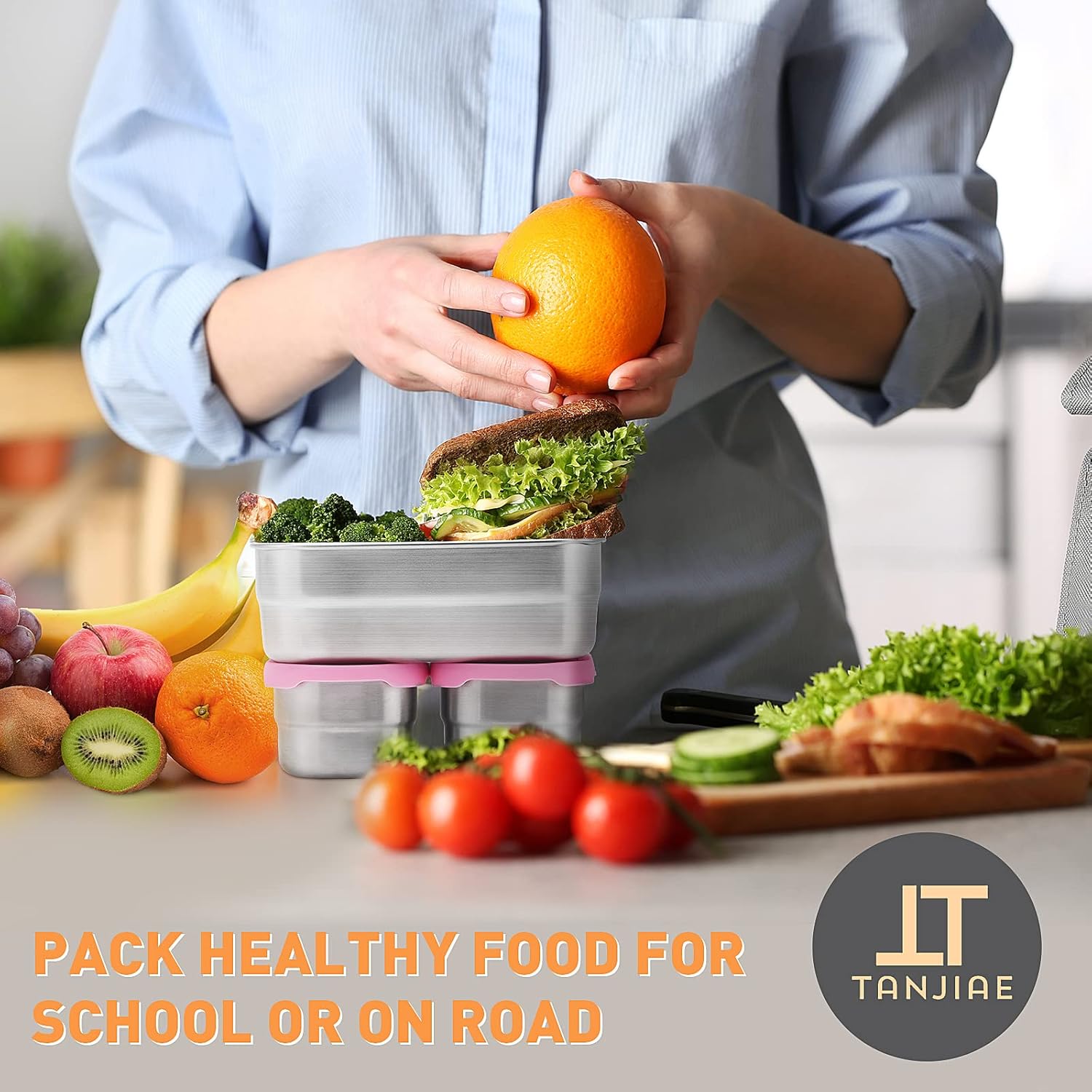 3 CUP+1 CUP Stainless Steel Lunch Snack Containers Set | Leak Proof 304 Stainless Steel Food Containers with Silicone Lids - Perfect Metal Lunch Box for School and Daycare (25oz+8oz*2) - Image 5