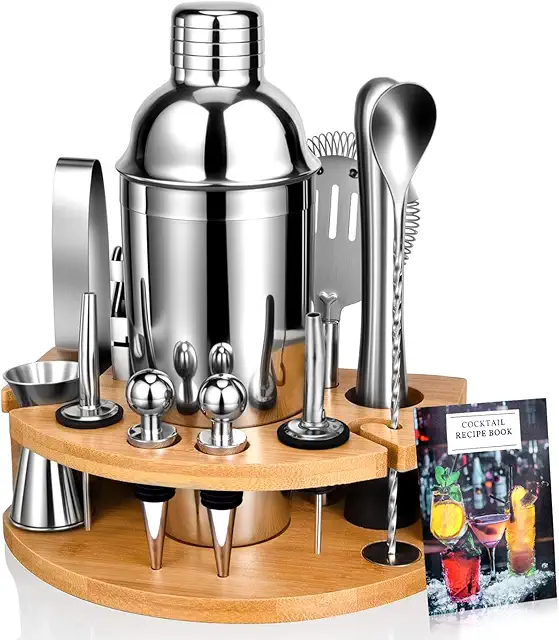 AOKITO 12-Piece Stainless Steel Cocktail Shaker Kit with Wooden Rack - Bartender Set
