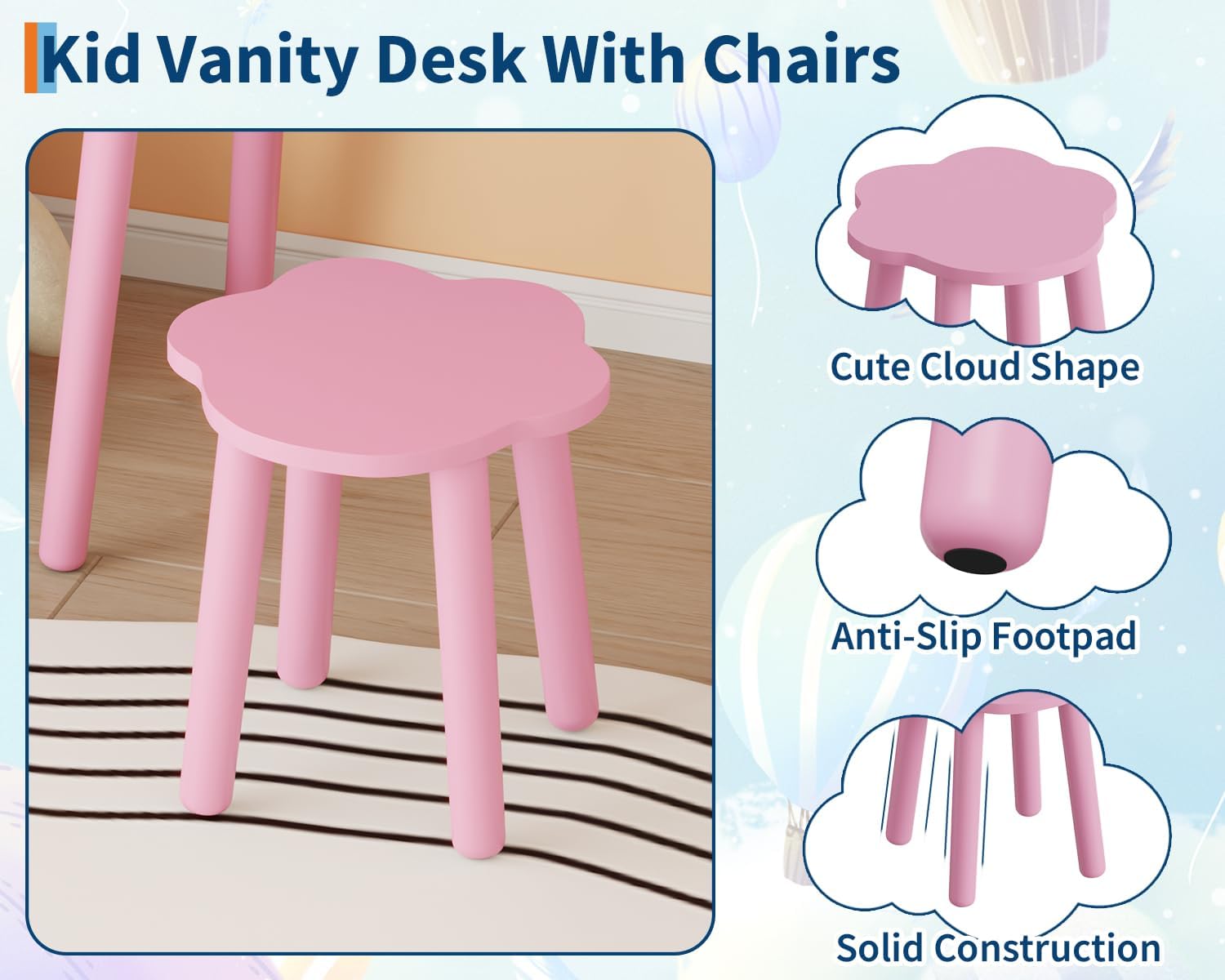 Garvee Toddler Vanity Set with Lights,Bear-Shaped Make Up Vanity Desk with Mirror&Stool,Wooden Princess Toddler Make Up Table Set for Bedroom,Pretend Play Vanity Sets for Little Girls(Pinks)