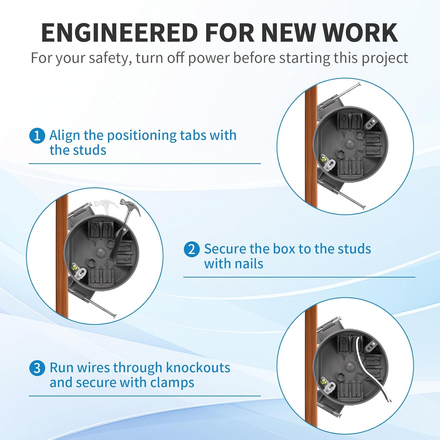 50 PK Round Ceiling Electrical Box, New Work 20 Cubic Inch Box, ETL Listed to UL514C and UL263, 2 Hour Fire Rating New Work Box, for Residential and Light Commercial Applications