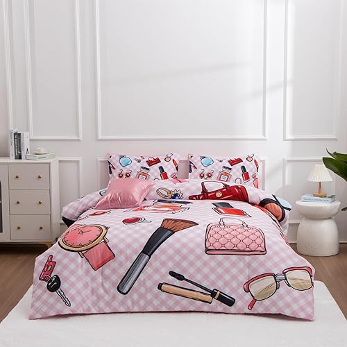 Aimuan Juego de edredón de moda para niña, bolsa de perfume cosmético, lápiz labial, rosa diva, juego de edredón con patrón de esmalte de uñas,