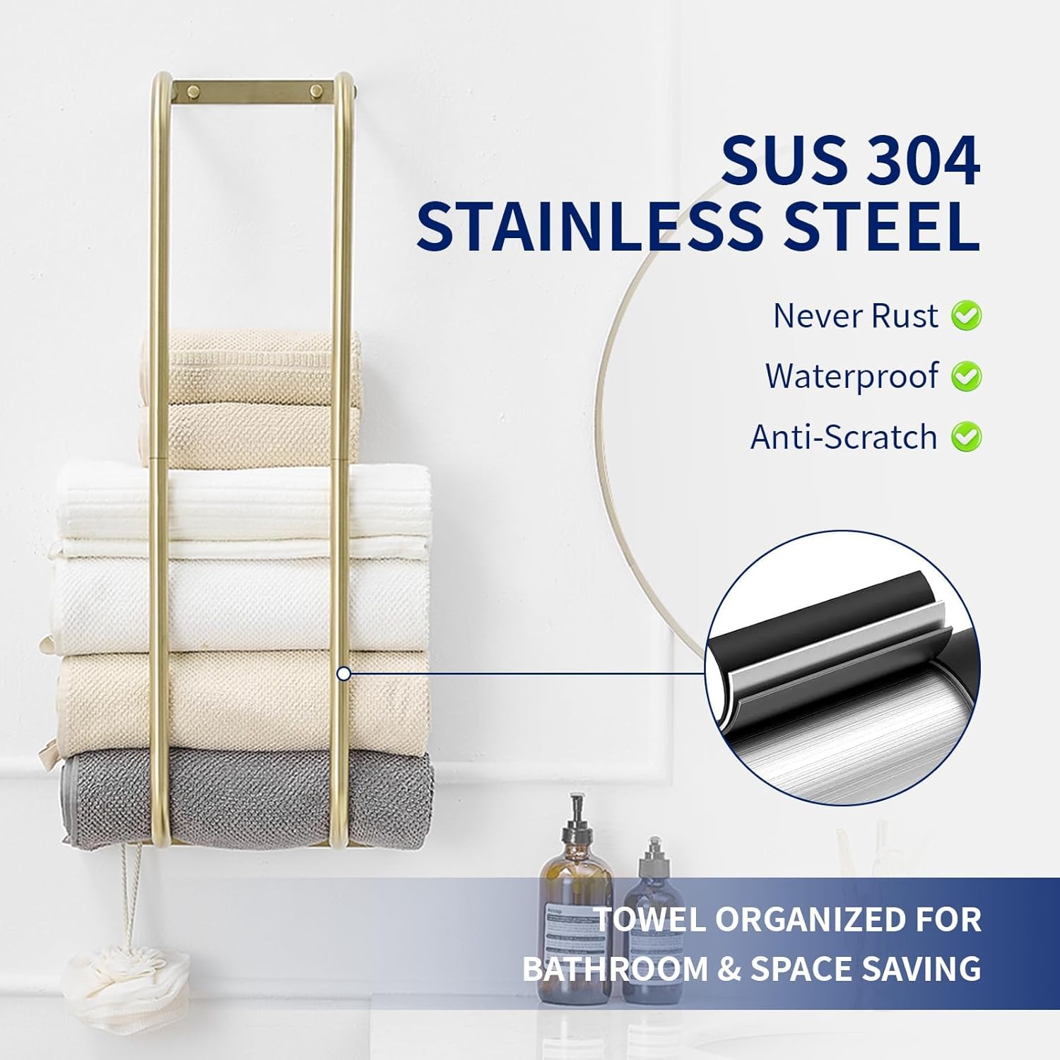 BWE Vessel Sink Faucet Modern Waterfall Brushed Gold Single Hole Bathroom Faucet Bundle with Brushed Gold Towel Racks for Bathroom Towel Rack for Rolled Towels Wall Mounted