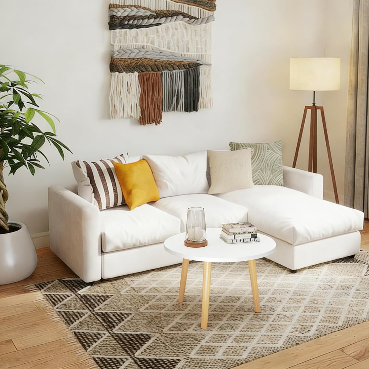 Round Coffee Table Low Table with 3 Solid Wood Sturdy Legs,Floor Table Desk for Sitting on The Floor,23.6"D x 23.6"W x 16"H Inches,Living Room/Toy room Furniture,Rental house Furniture (White)