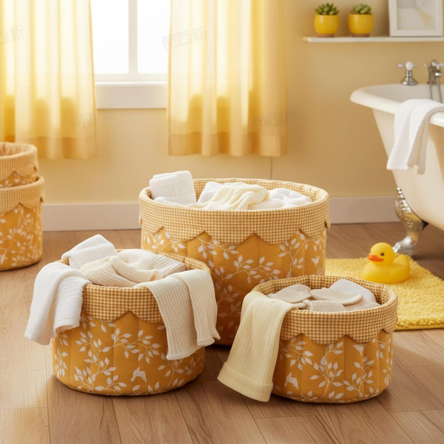 3 Set Boho Fabric Quilted Storage Basket Boho Nursery Laundry Basket Toddler Soft Cotton Collapsible Baby Hamper Yellow Floral Bird Print Toy Storage Bin for Home Car Bedroom Organizer