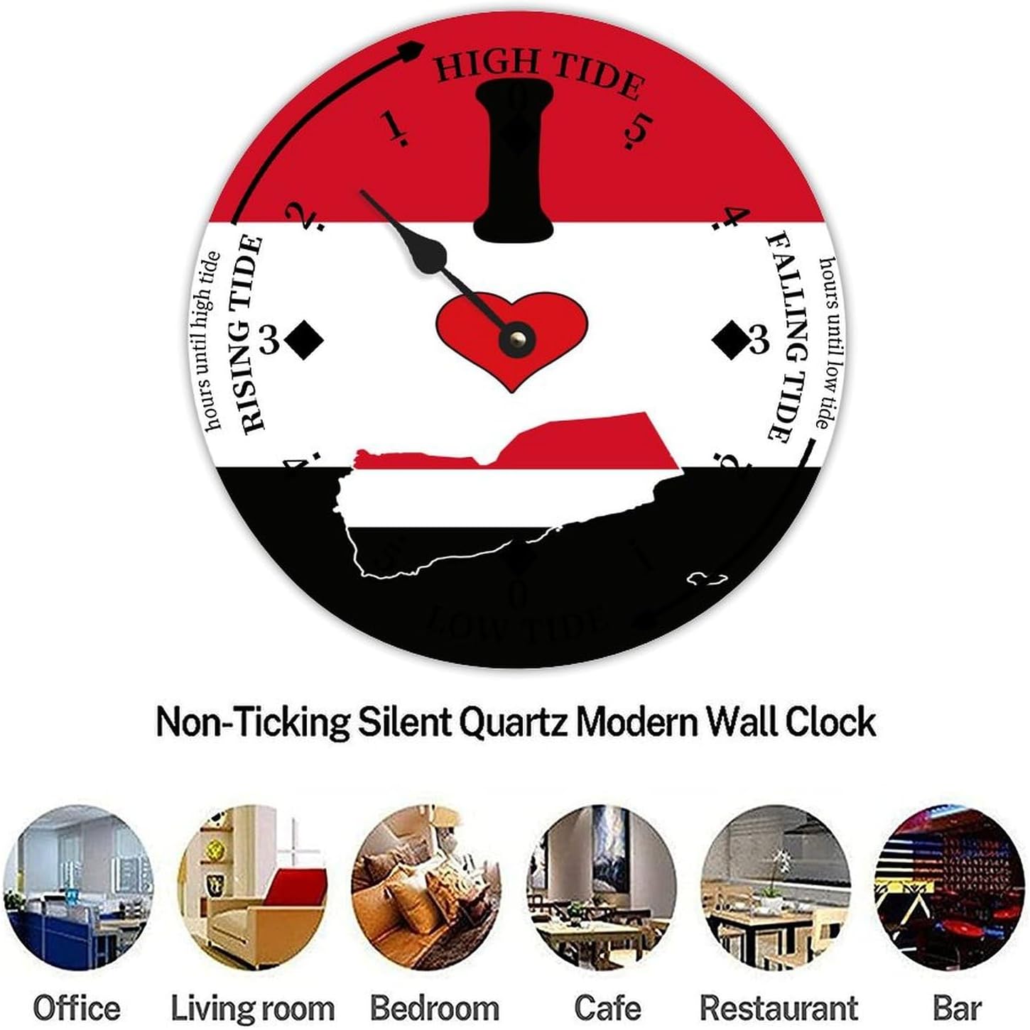National Vintage Beach Time Tide Clock - Yemen Flag Tidal Clock Moon Clock Silent Non-Ticking Battery Operated Wooden Wall Clock for Cottage Beach Boat Living Room Bedroom Home Decor 12 Inch