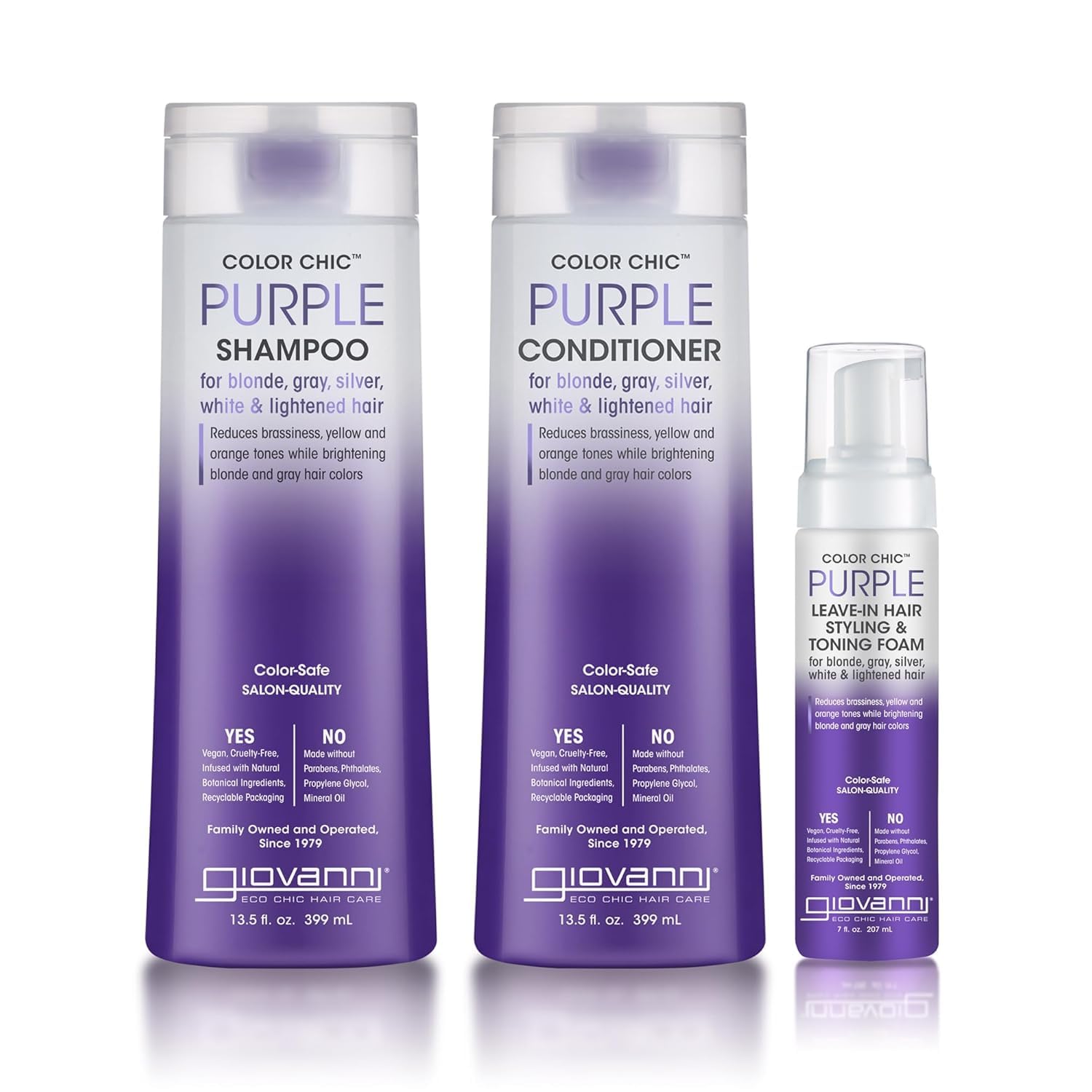 GIOVANNI Color Chic Purple Shampoo, Conditioner, & Styling & Toning Foam for Blonde, Gray, Silver & Bleached Hair, Reduces Brass Tones, Adds Shine, Vegan - 13.5 fl oz & 7 fl oz Mousse (Set of 3)