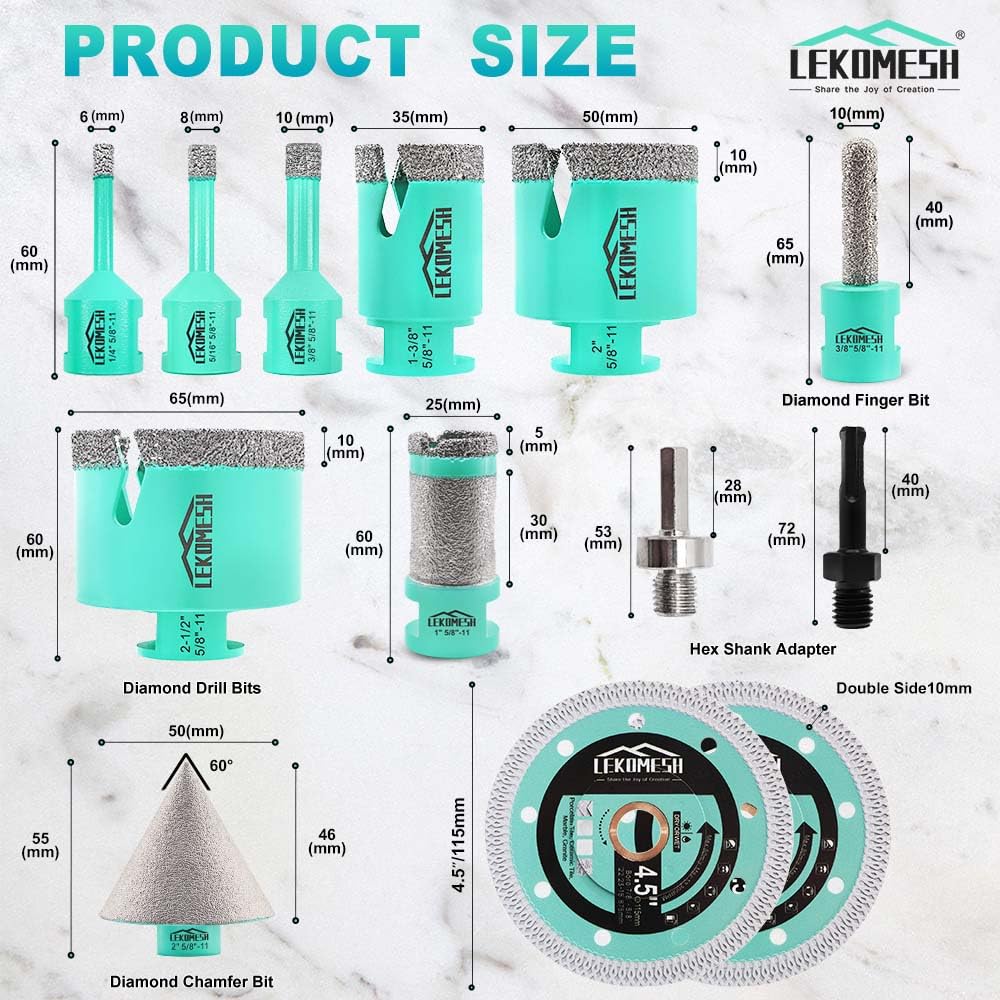 Tile Hole Saw Kit for Porcelain - (6/8/10/35/50/65mm+Finger Bit+Drilling Milling +Chamfer Bit+Adapter+Tile Blade) Diamond Drill Bits for Ceramic Marble Brick Granite,5/8"-11 Thread