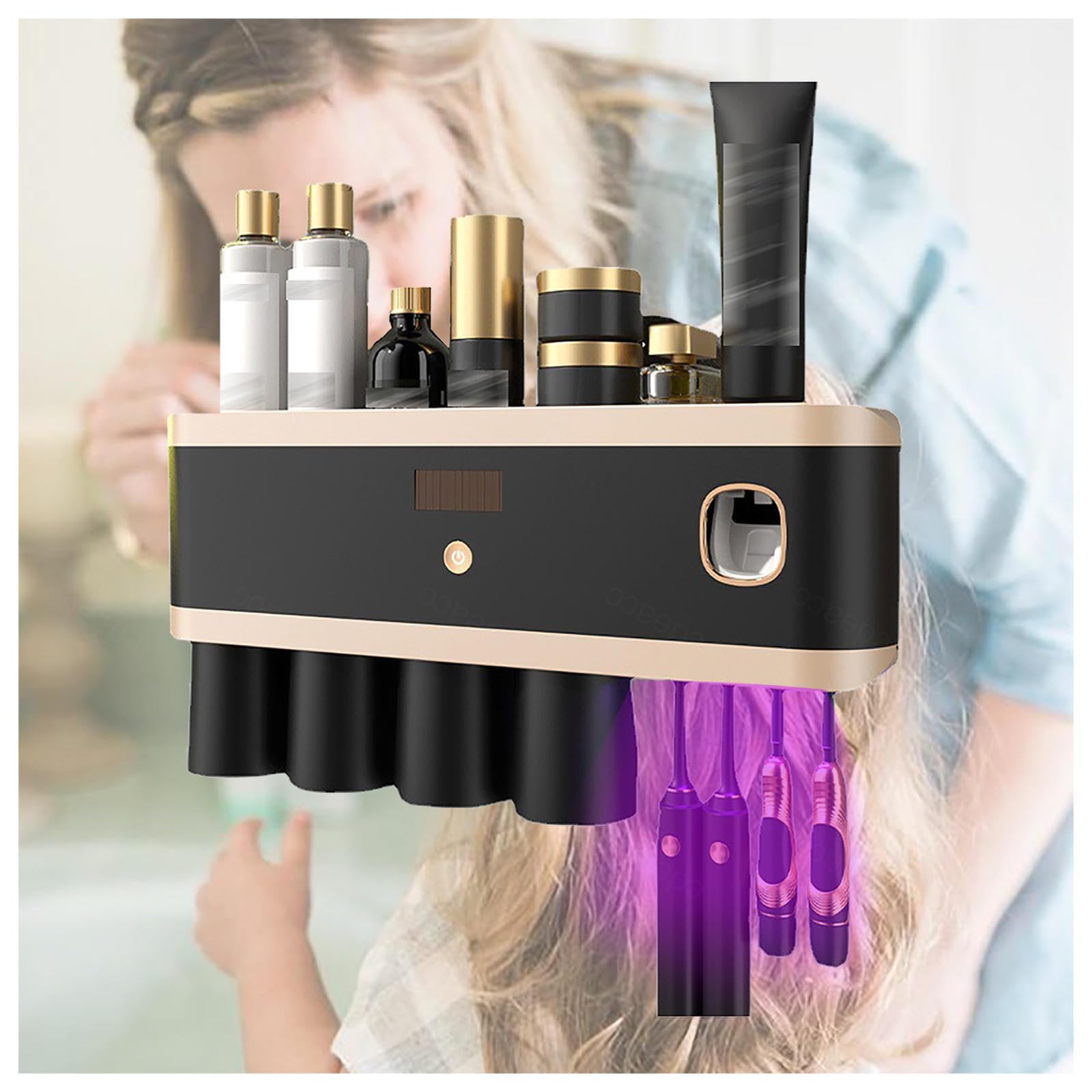 Soporte Cepillo De Dientes Inteligente Limpieza Profunda con UV, Portacepillos De Dientes Montado En La Pared con Múltiples Ranuras De Carga Solar USB, Soporte Cepillo Electrico,4-Cups