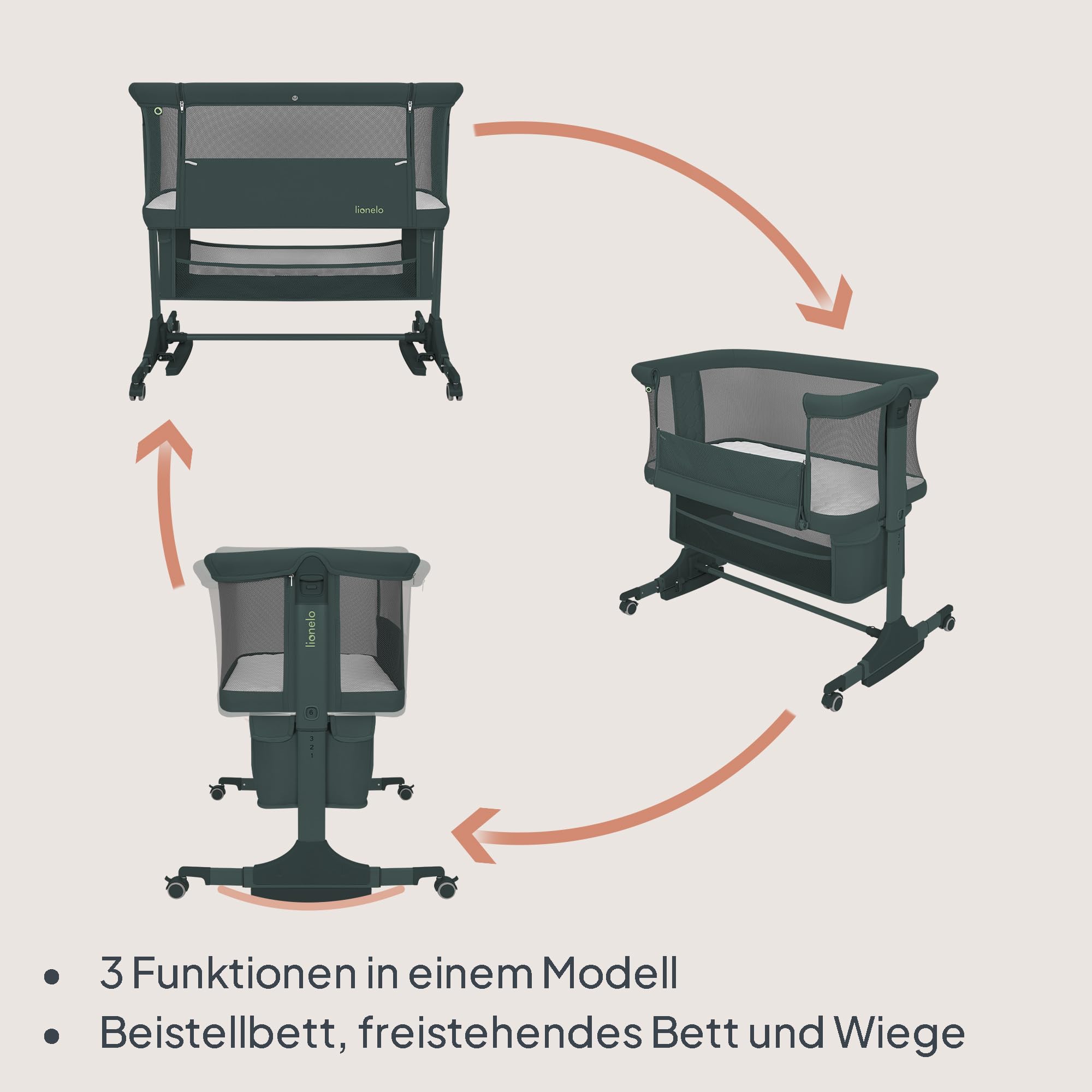 Lionelo Jodie Beistellbett 3in1, 6-Fach höhenverstellbar mit Neigungsverstellung für Boxspringbett, als Wiege & Babybett, Netzseiten, Rollen mit Bremse, Matratze, Gurte, Transporttasche, Moskitonetz