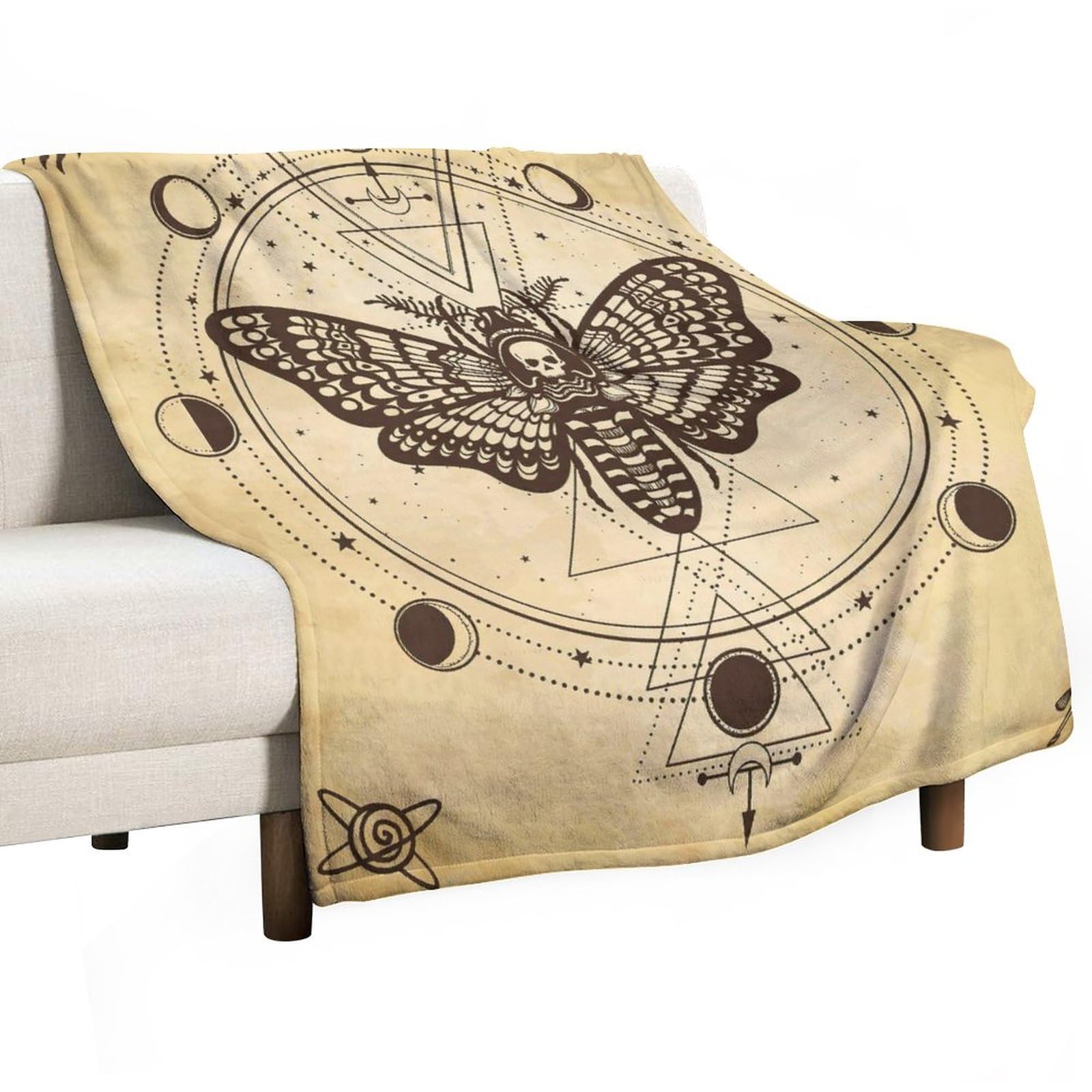 Death Moth Blanket, Mystical Drawing Moth Dead Head Circle Moon Geometry, Super Soft Flannel Throw Blanket for Bed Sofa (330GSM Flannel) 50"x70"in