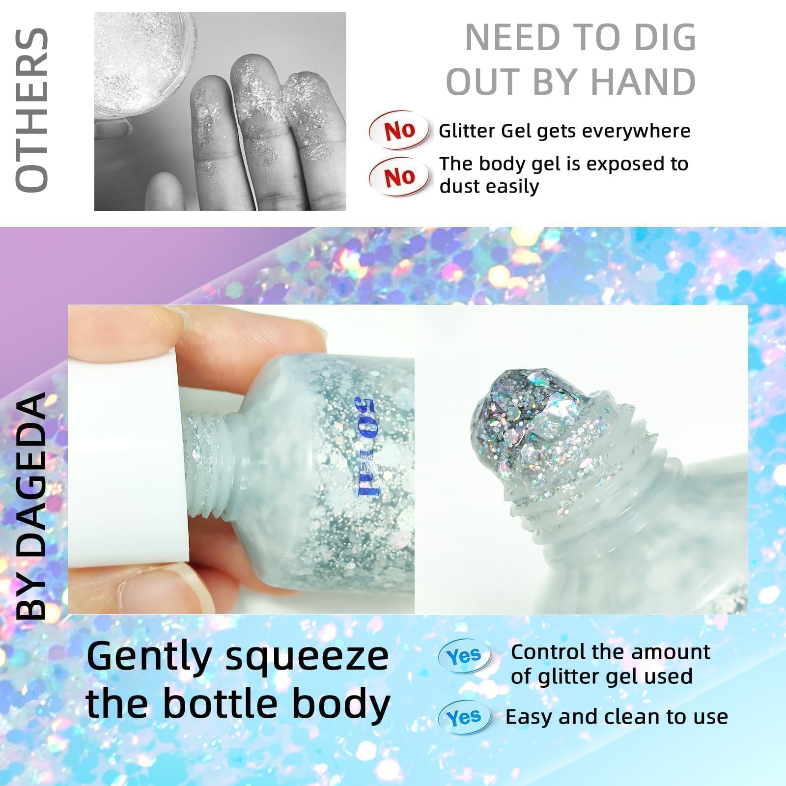 Prreal Body Glitter Gel 50ml, Face Glitters Body Gel Sequins Shimmer Liquid Eyeshadow, Chunky Glitter for Face Hair Nails, Holographic Cosmetic Laser Powder Festival Glitter Makeup(05 Silver)