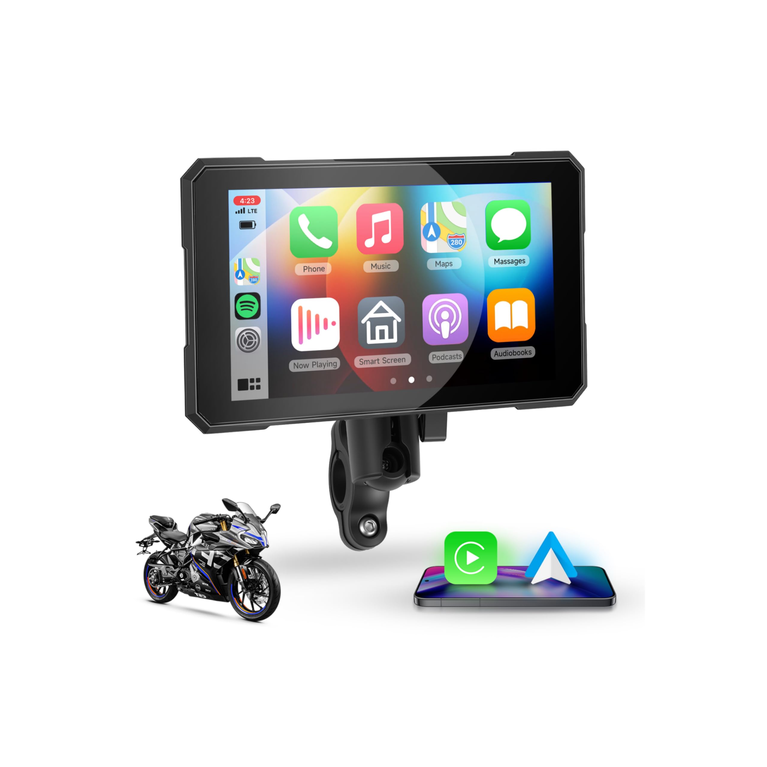 Motorcycle Carplay GPS Navigation System, Wireless Carplay Android Auto, with Dual Bluetooth, GPS Navigation, Mirrlr Link, Voice Conrtol, Waterproof IP68 Carplay Screen for Motorcycle