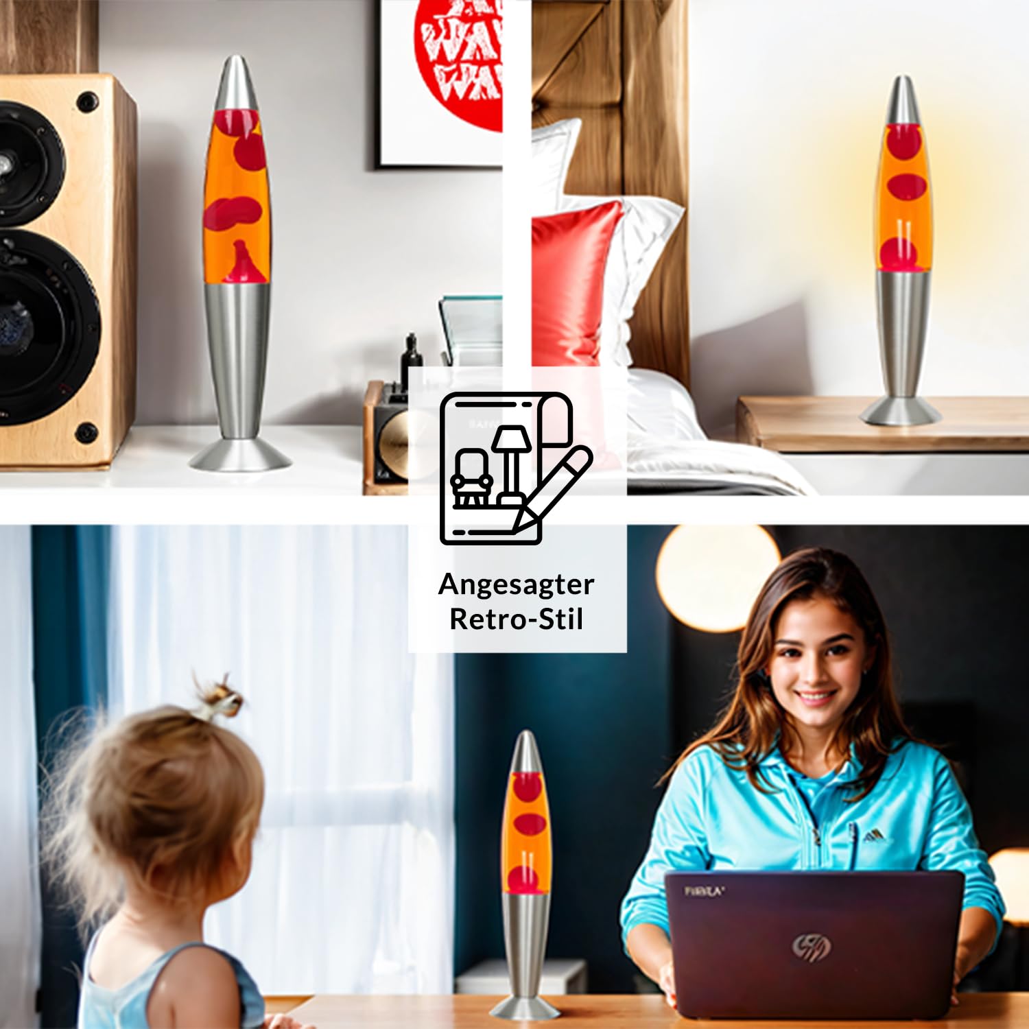 Lampada lava in vetro e alluminio color argento, arancione e rosso per soggiorno, H:36 cm, G9, inclusa lampadina, lampada da tavolo retro rilassante TIMMY