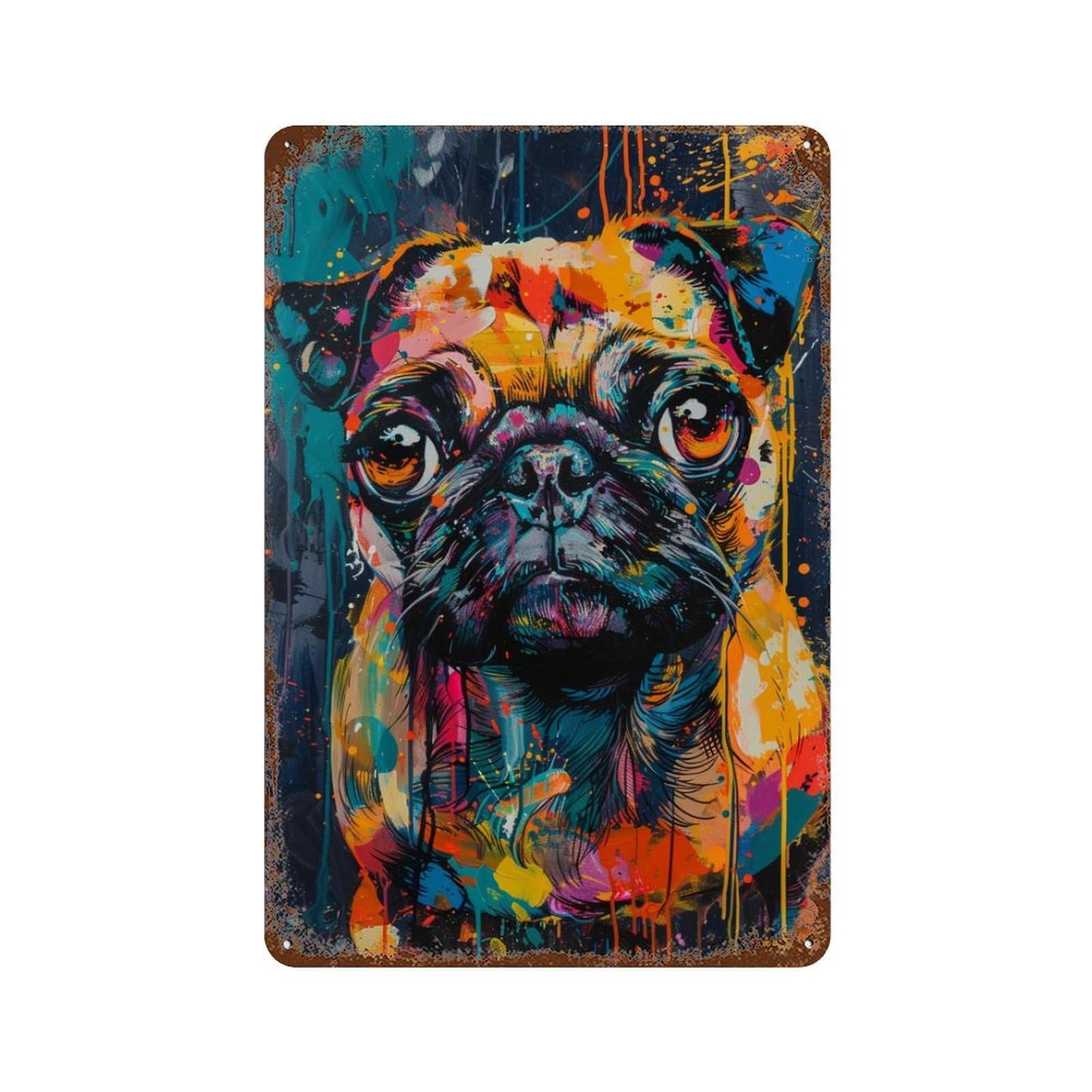 Colorful Pug Art Print-11 Rust Effect Tin Sign 11.8"x7.9", Retro Wall Decor for Pub, Kitchen And Man Cave Decor