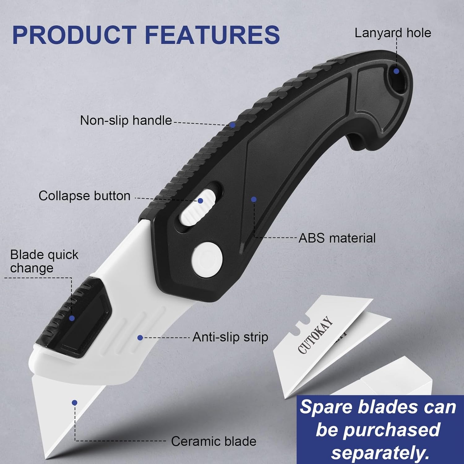 Folding Ceramic Utility Knife, Box Cutter, Ceramic Blade, All Plastic Handle, Heavy Duty Cut Drywall, Sheet Plastic, Linoleum, Boxes, Rope
