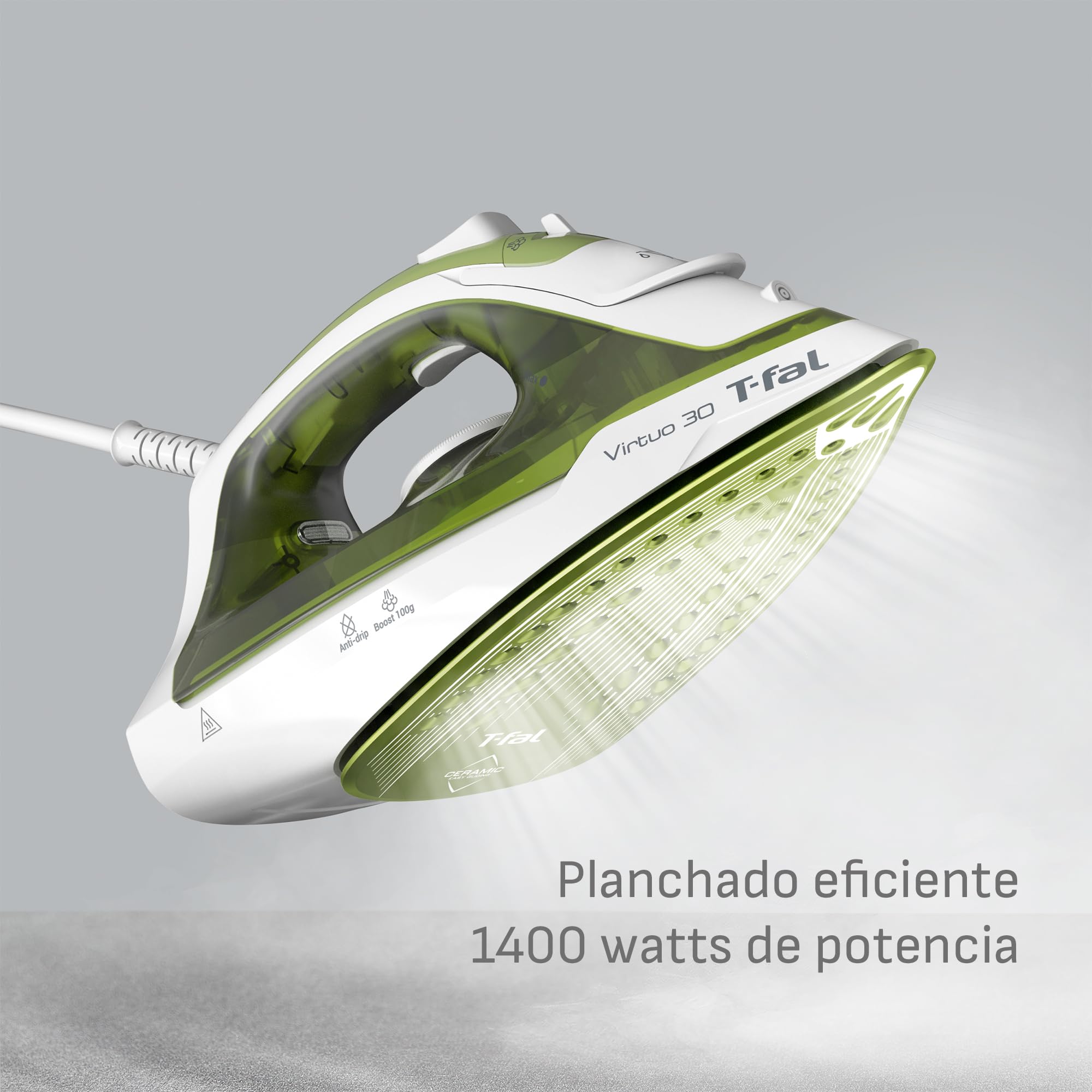 Person using T-fal Virtuo 30 Steam Iron for vertical steaming on a hanging shirt