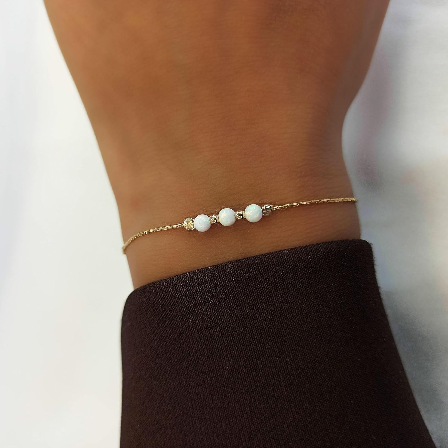 Opal Bead Bracelet - Sterling Silver or Gold Filled, Minimalist Adjustable Bracelet for Women, Dainty October Birthstone Jewelry (White or Blue, 1 Bead, 3 Beads, or Tube Style)