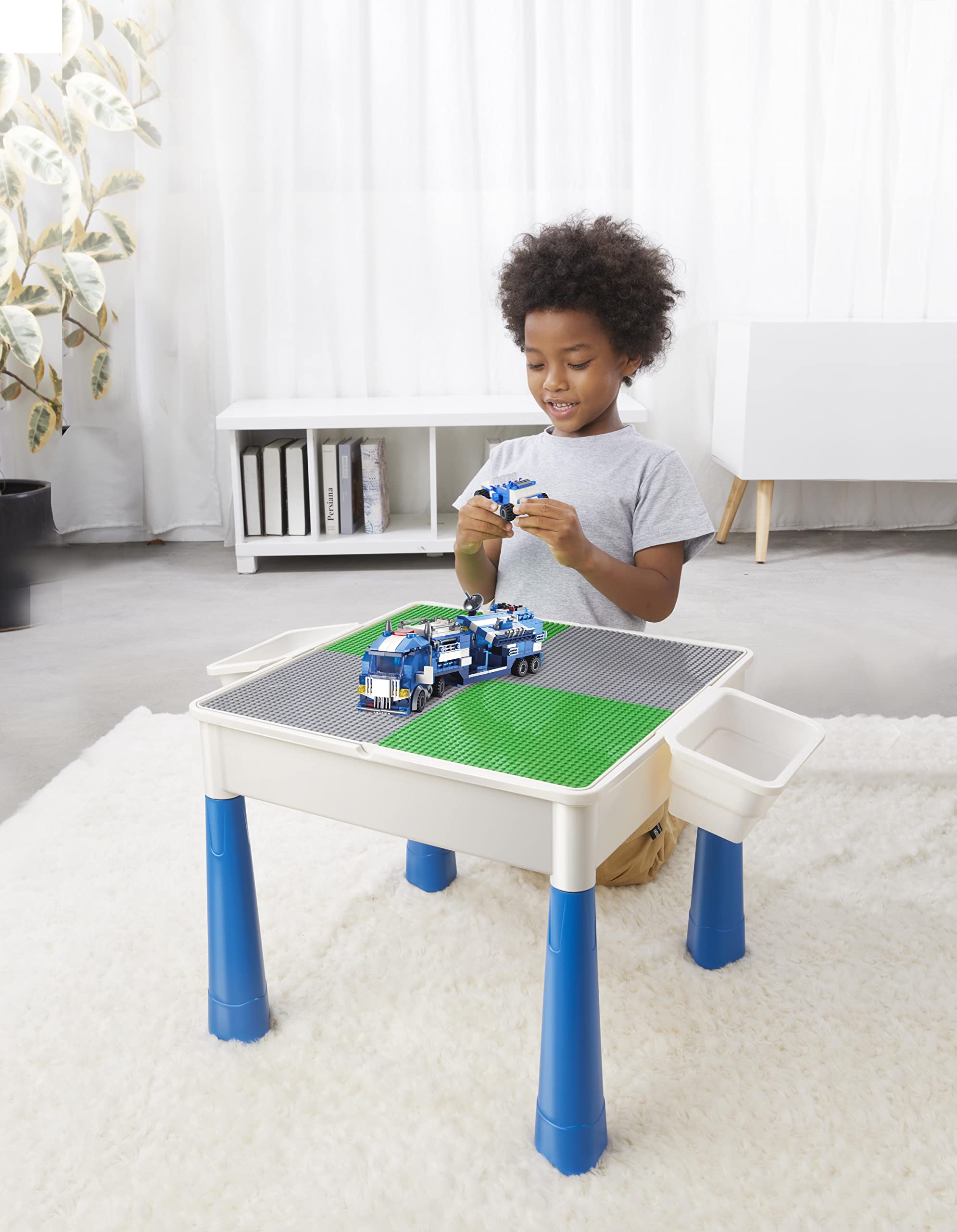 Juego de mesa y silla 5 en 1 para niños pequeños con 128 bloques de construcción, mesa de actividades para niños para arte, juegos de arena y agua, diseño a prueba Juego de mesa y silla 5 en 1 para niños pequeños con 128 bloques de construcción, mesa de actividades para niños para arte, juegos de arena y agua, diseño a prueba
