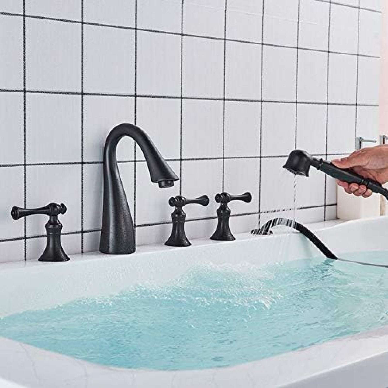 Sxithgkdw Faucet, 5 Pcs Bathtub Faucet Triple Handle Dual Spout Widespread Tub Faucet Sets Mixer Taps Bathroom Shower Faucet With Handshower