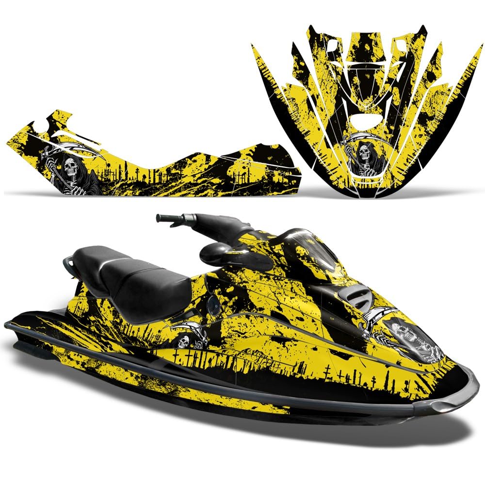 Jet Ski Graphics Kit: PWC Stickers for Can-Am Sea Doo GTX (1996-1999) Featuring Reaper V2 Design in Yellow, Upgrade Your Personal Watercraft with Protective Stickers!