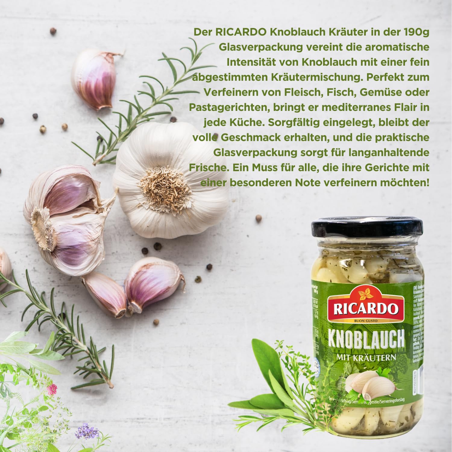 RICARDO Knoblauch mit Kräuter 18 x 190g Eingelegte Knoblauchzehen Vorteilspack