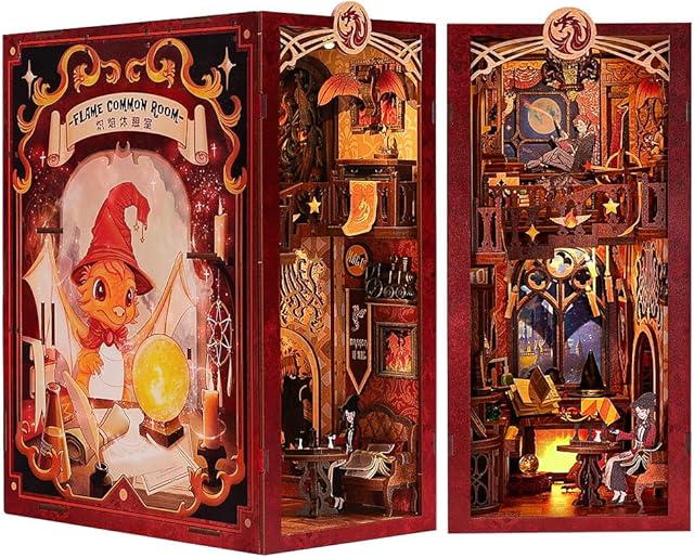Cutefun Flame Common RoomDIY Book Nook Kits for Adults - Wooden Dollhouse- 3D Puzzle with LED Lights - Miniature House Kit for Collectors and Decorations