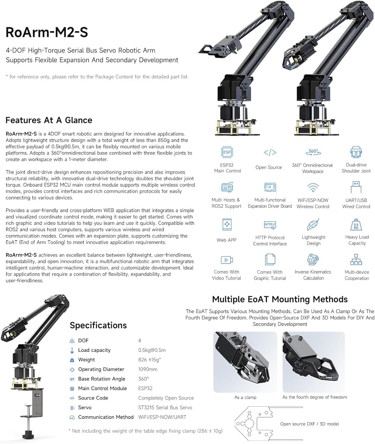 Robotic Arm Kit Supports Flexible Expansion and Secondary Development, Desktop Robot Kit, High-Torque Serial Bus Servo, Based On ESP32, 4-DOF, Wireless Control @XYGStudy (RoArm-M2-S)