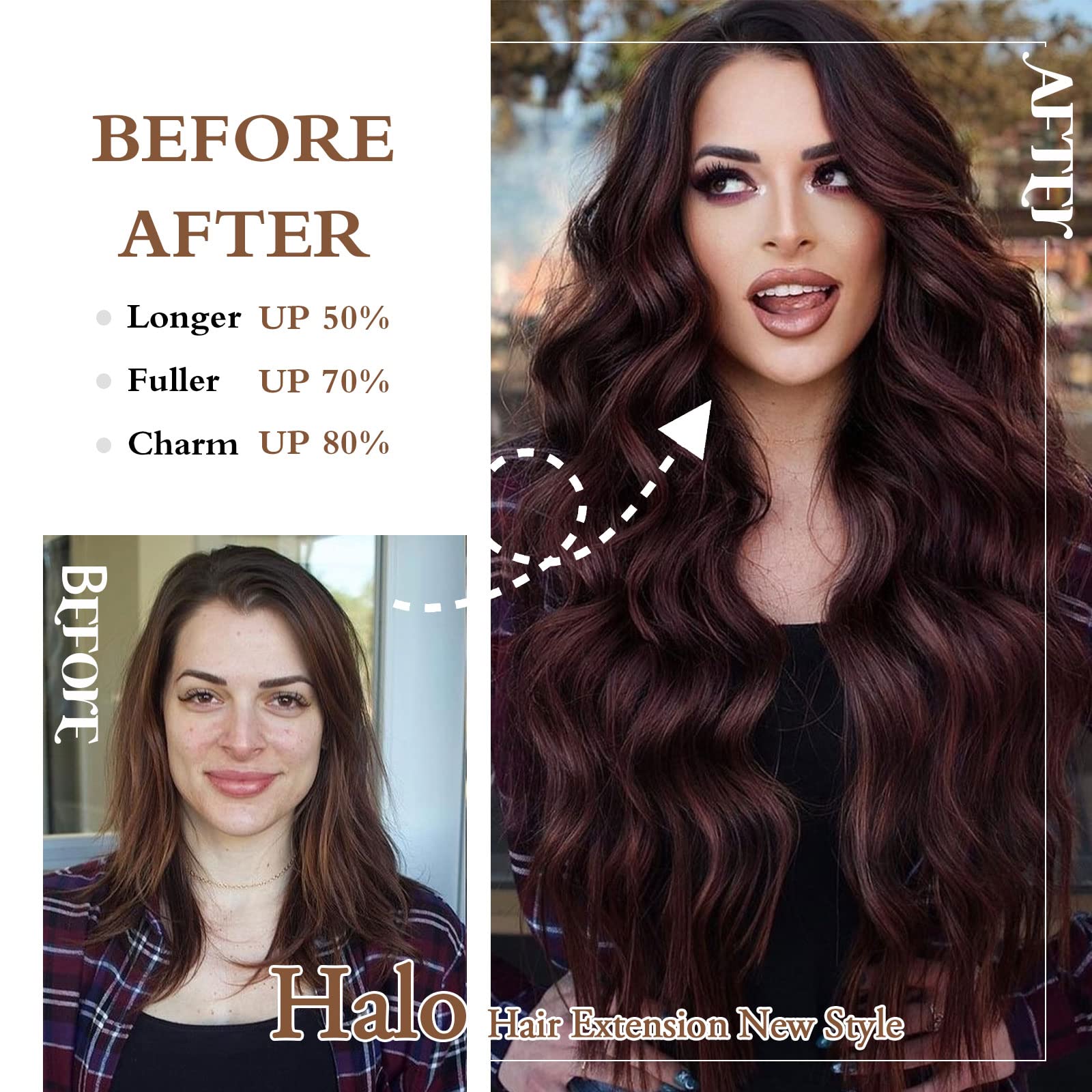 BUPPLER Halo Hair Extensions 20 Inch Invisible Wire Hair Extensions Adjustable Long Wavy Hairpiece Synthetic Upgrade 4 Secure Clips in Hairpieces 20 Inch,Black to Burgundy - Image 3