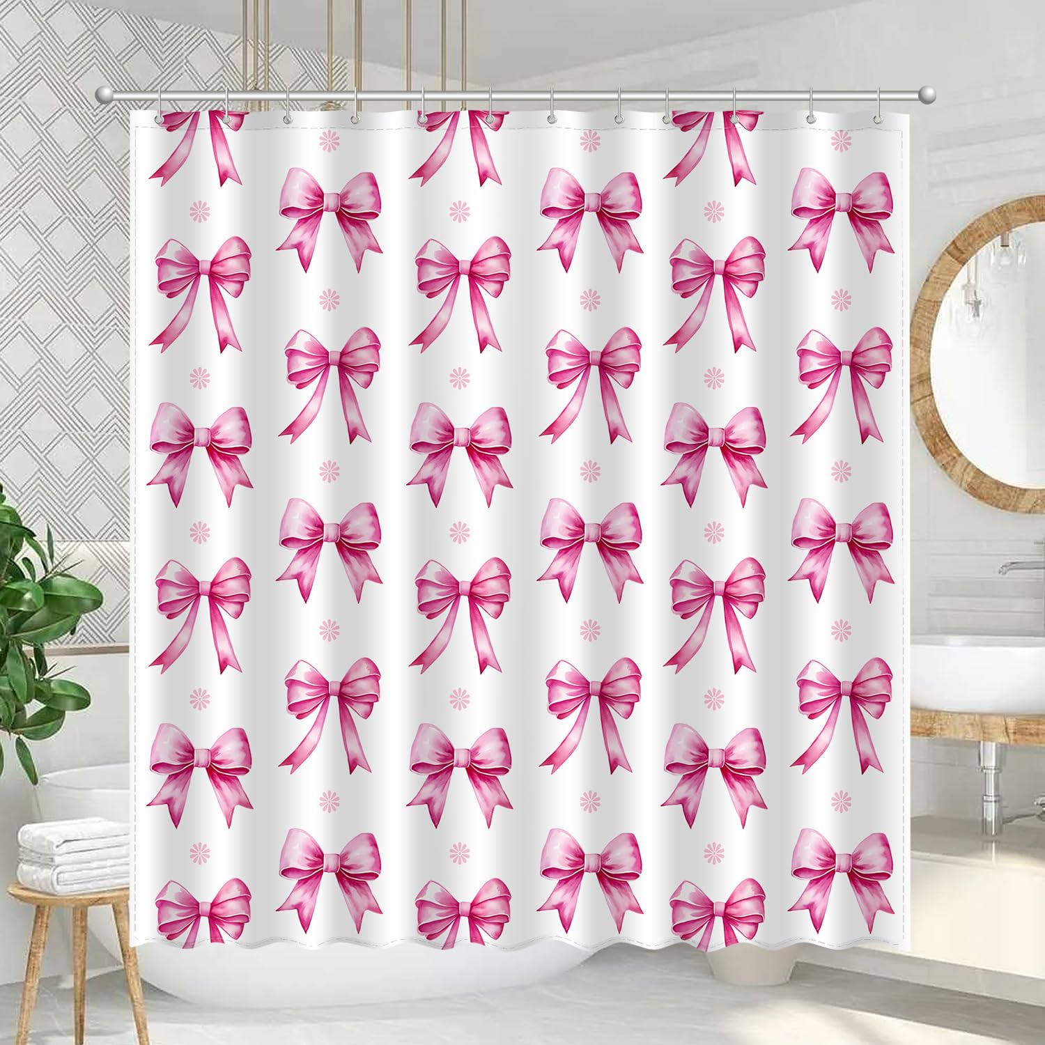 Pink Bow Shower Curtain Set, Cute Modern Girl Bathroom Aesthetic Polyester Cloth Fabric Bath Curtain Decor with Hooks 72x72 Inches