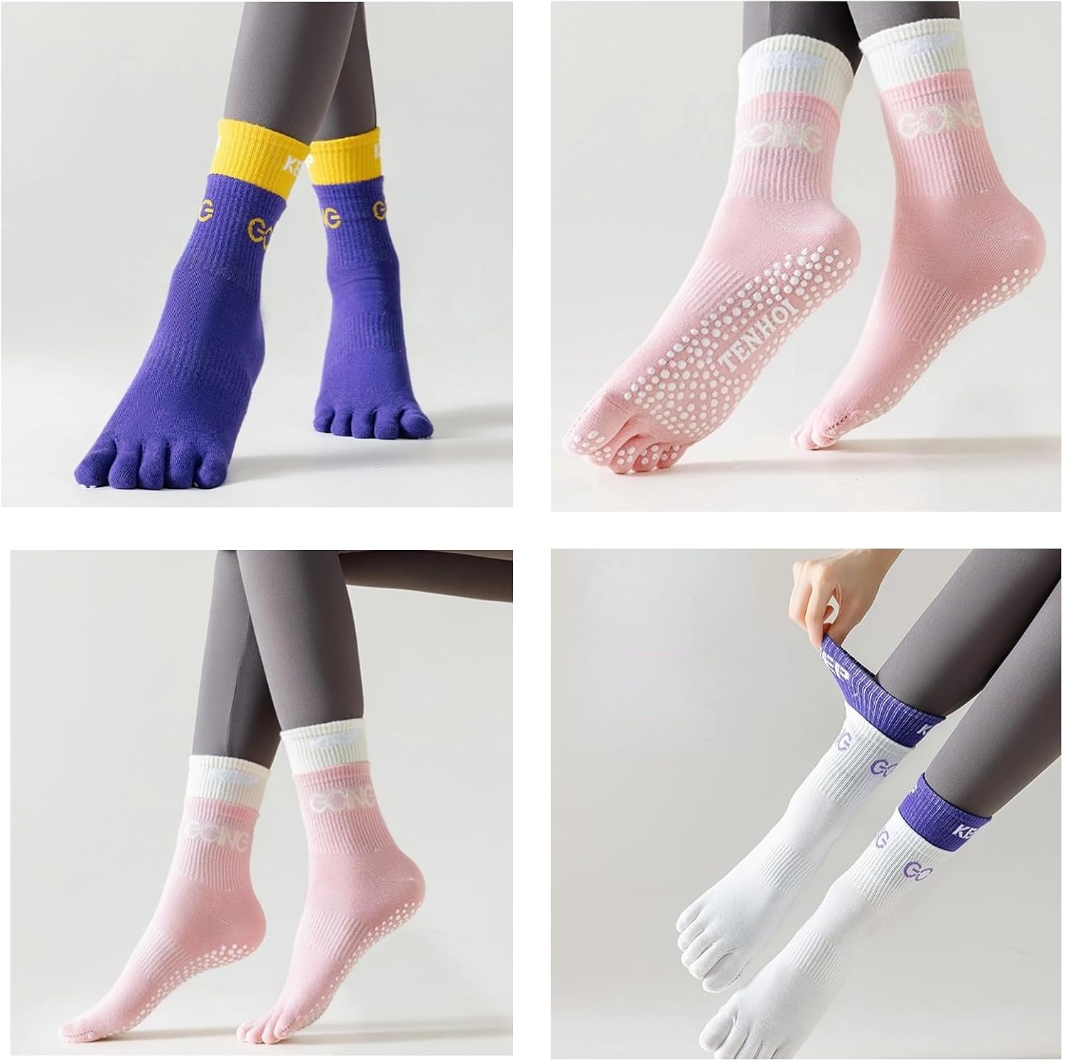 6 Pairs Non Slip Toe Socks for Women, Medium-Large, Colorful, Cotton, Crew Length, 6 Count - Image 4