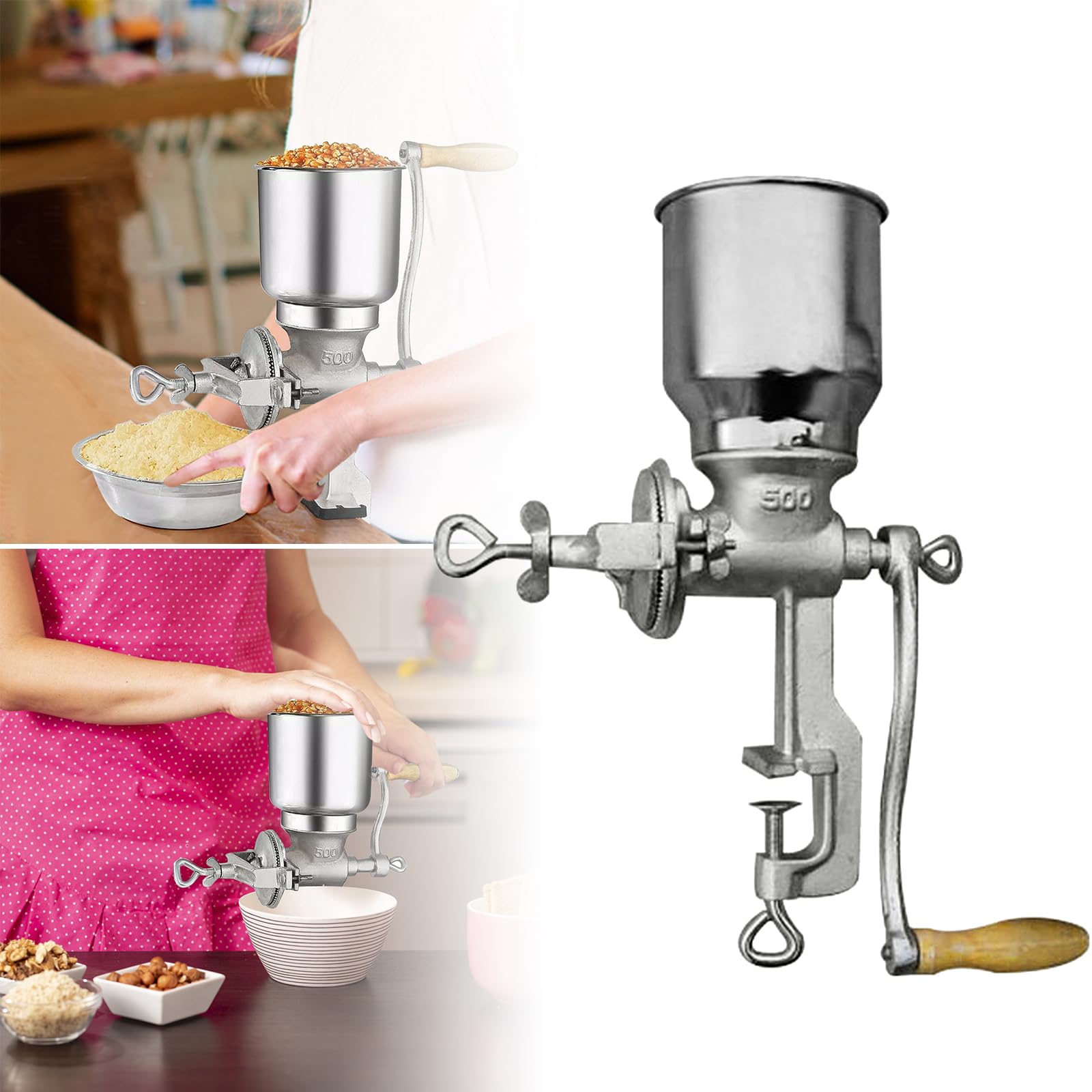Molinillo de Cereales Manual con 13cm Tolva Grande & 4cm Abrazadera de Mesa,Finura de Molienda Ajustable,Molino de Mano de Hierro Fundido,para Nuez,Café,Grano,Semillas,Maíz,Especias