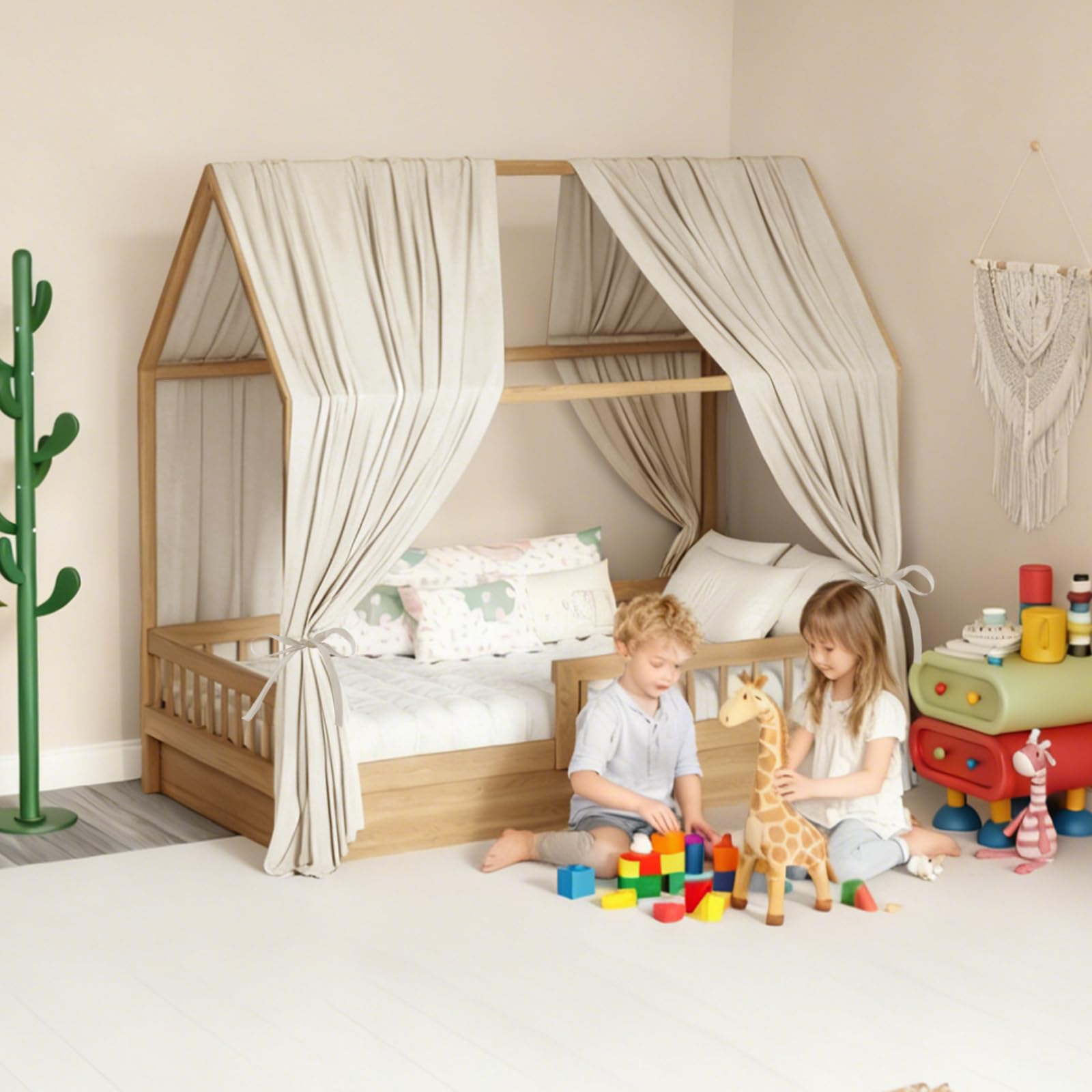 GFCC Ciel de Lit Cabane Ensemble de Décoration avec 2 Pièces Rideaux Lit Cabane Enfant Baldaquin Ciel en Tissu de Maison Chambre pour Fille Garçon,62 x 270 cm Camel