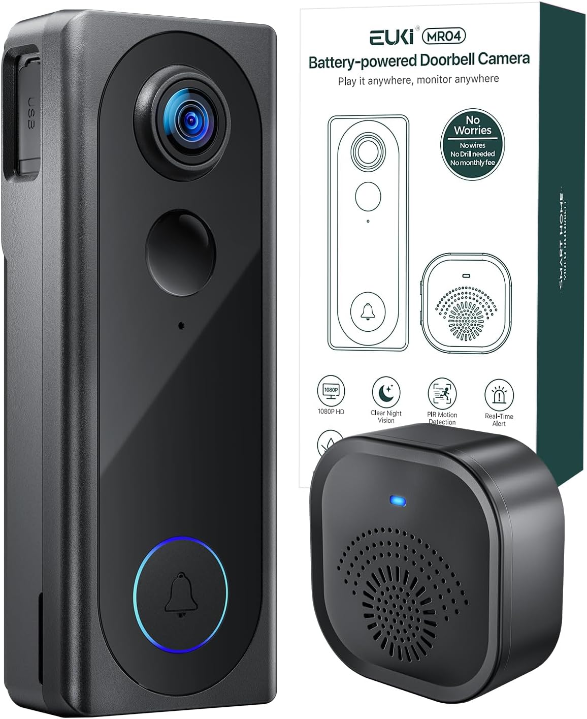 EUKI 1080P Wireless Video Doorbell with Chime, BatteryOperated