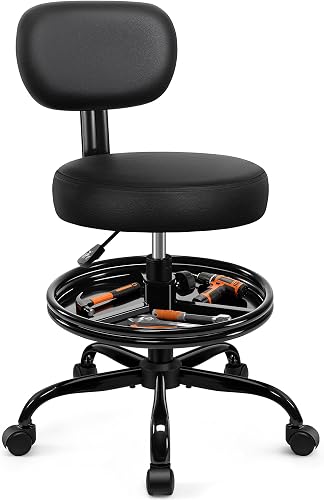 BestGlory Rolling Mechanic Stool with Backrest, Adjustable Height Shop Chair with Wheels, Footrest and Tool Tray, 340lb Capacity BestGlory Rolling Mechanic Stool with Backrest, Adjustable Height Shop Chair with Wheels, Footrest and Tool Tray, 340lb Capacity