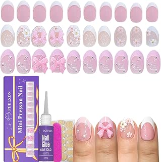 72pcs Press on Nails for Kids, French Tip Nails with Pearls, Bows, Flowers