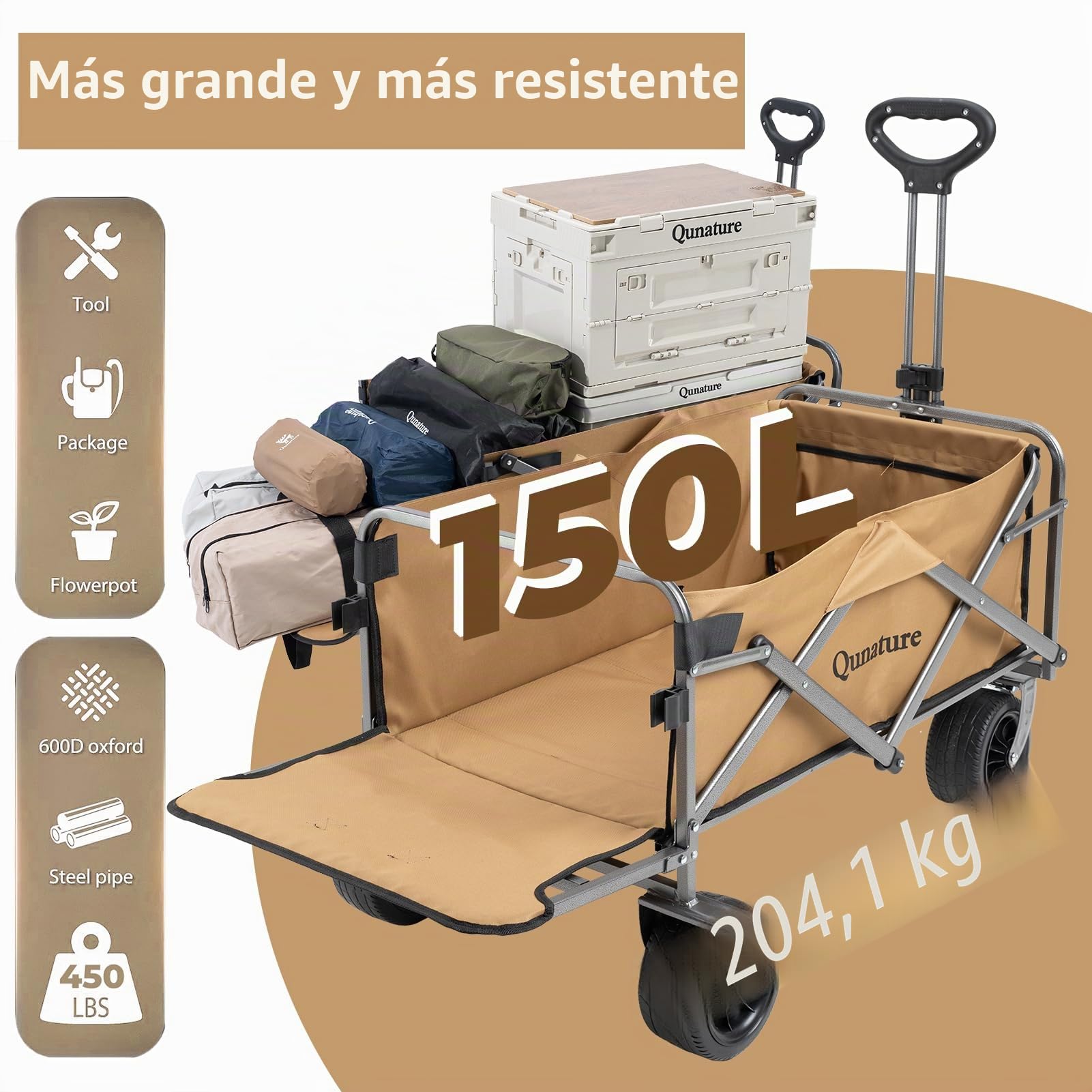 Carro de Mano Plegable 180 L con Ruedas Grandes y Freno, Manija Ajustable, Bolsillos, Carrito Transporte Carga hasta 150 kg para Jardín, Camping, Playa, Picnic y Compras