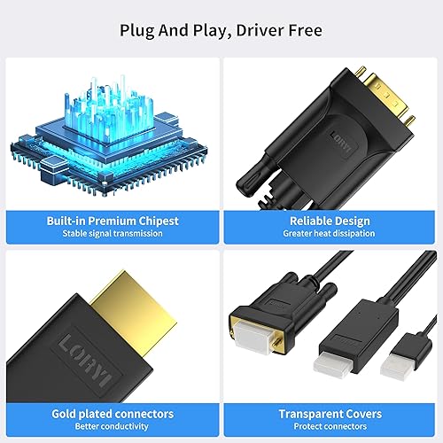 Miniatura 7 de HDMI a VGA, cable HDMI a VGA chapado en oro de 6 pies con alimentación USB (hombre a macho), compatible con computadora, computadora de escritorio,