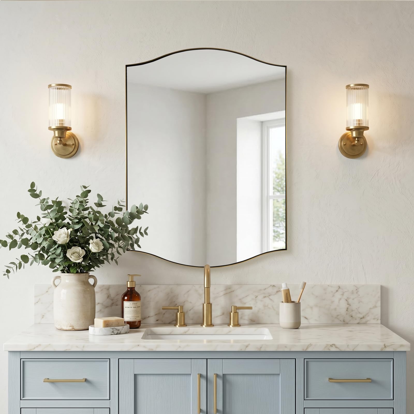 ANDY STAR Gold Bathroom Mirror, 22"x30" Scalloped Wall Mirror in Stainless Steel Metal Frame, Unique Vanity Mirror with Modern Curved Edge Design, Ideal for Bathroom, Bedroom, Entryway