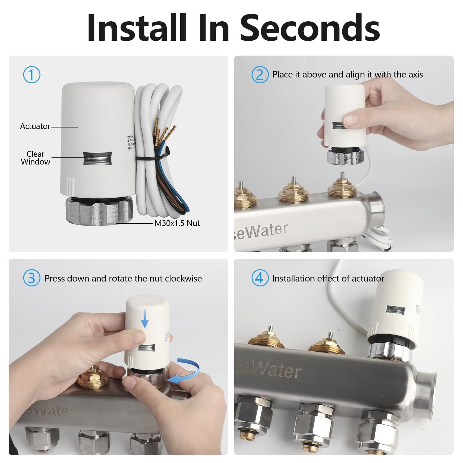 WiseWater Attuatore termico elettrico a 4 fili, 24 V, normalmente chiuso con filettatura M30 x 1,5, risparmio energetico, confezione da 2 per collettori radianti PEX, valvole di zona e sistemi di