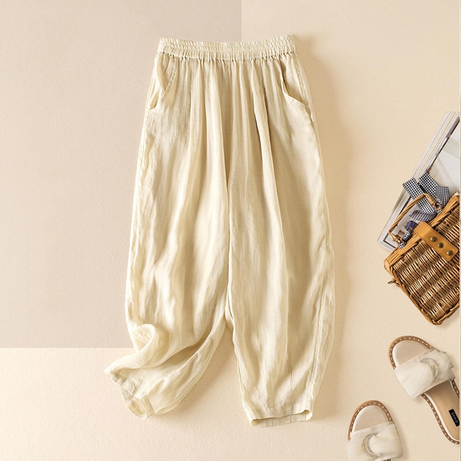 Womens Linen Cropped Pants Wide Leg Palazzo Thin Gauze Pant Summer High Waist Beach Vacation Elastic Waist Capris Pants