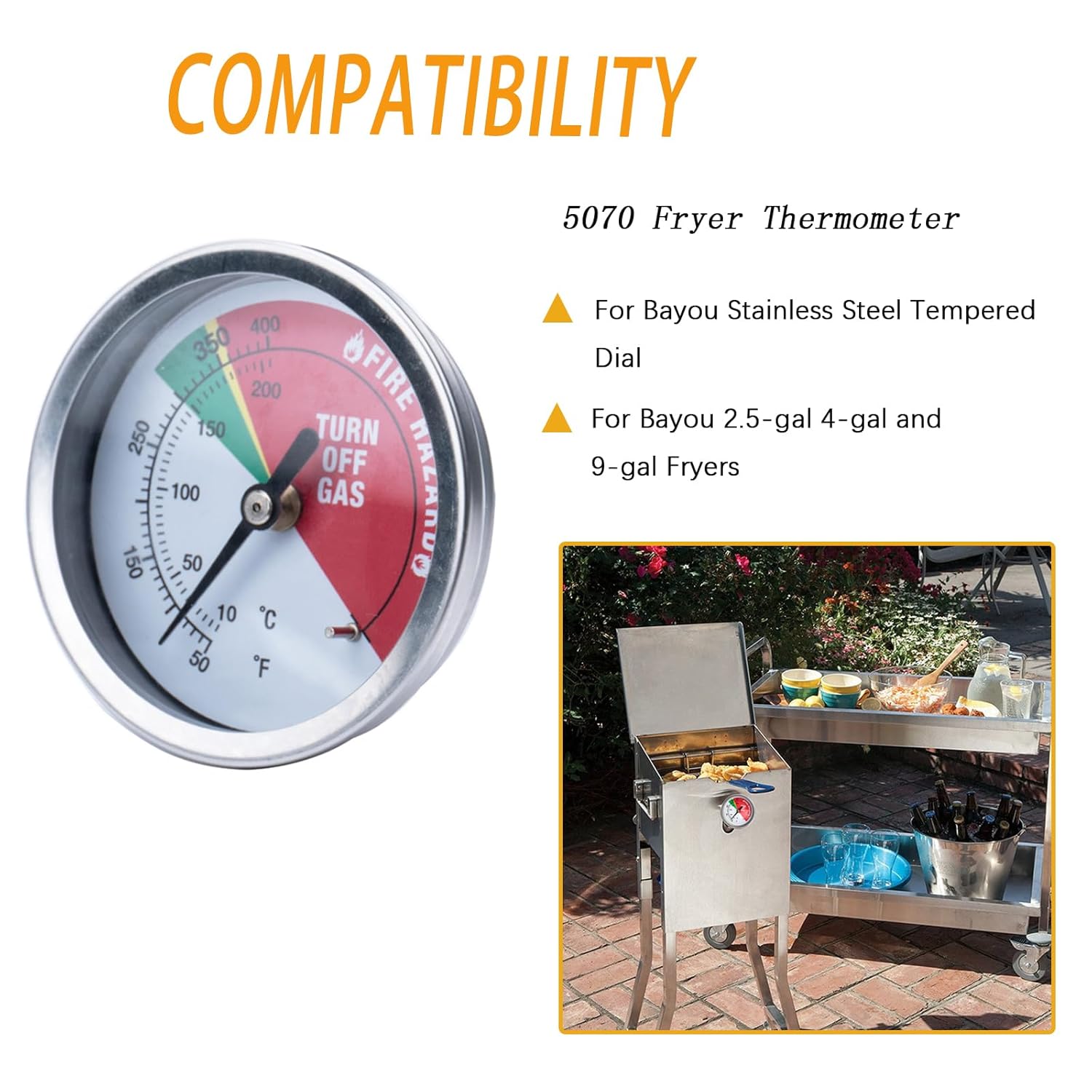 5070 Fryer Thermometer Dial for Bayou 2.5-gal 4-gal and 9-gal Fryers w/ 50˚-400˚F Range