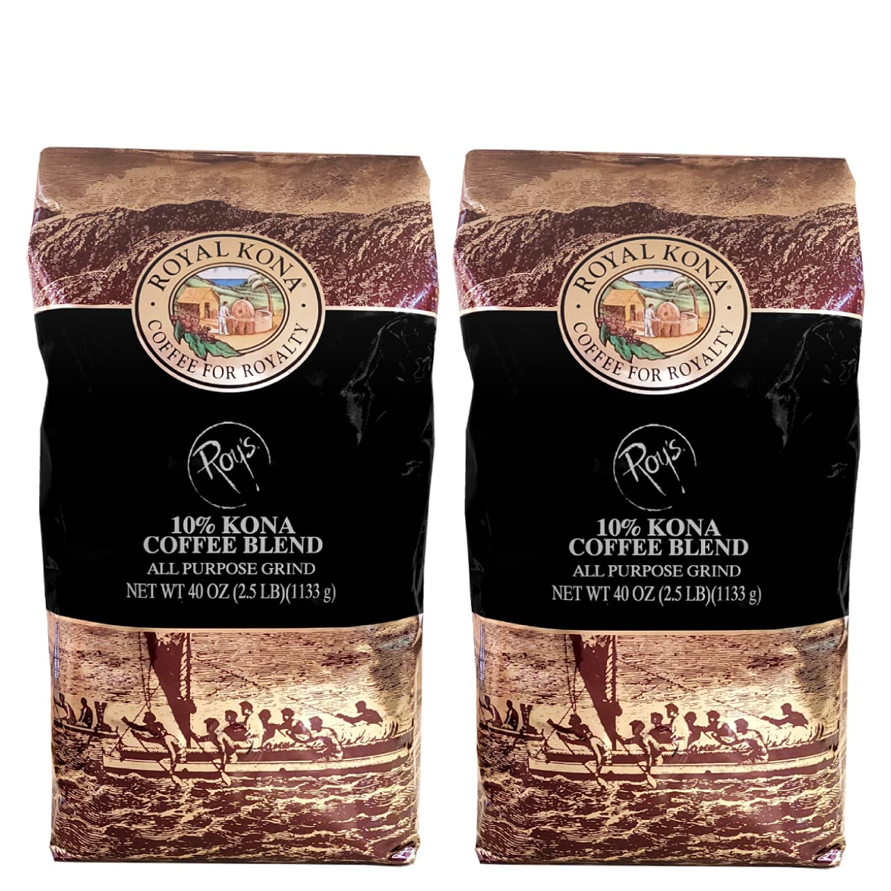 ROYAL KONA COFFEE - Medium Dark Roast Ground Coffee, Pacific Roast Flavor, 40 Ounce (Pack of 2)