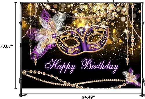 Miniatura 9 de Bola de fondo para fotografía de máscaras, máscara morada y dorada, decoración de fiesta de cumpleaños, telón de fondo de vinilo para estudio