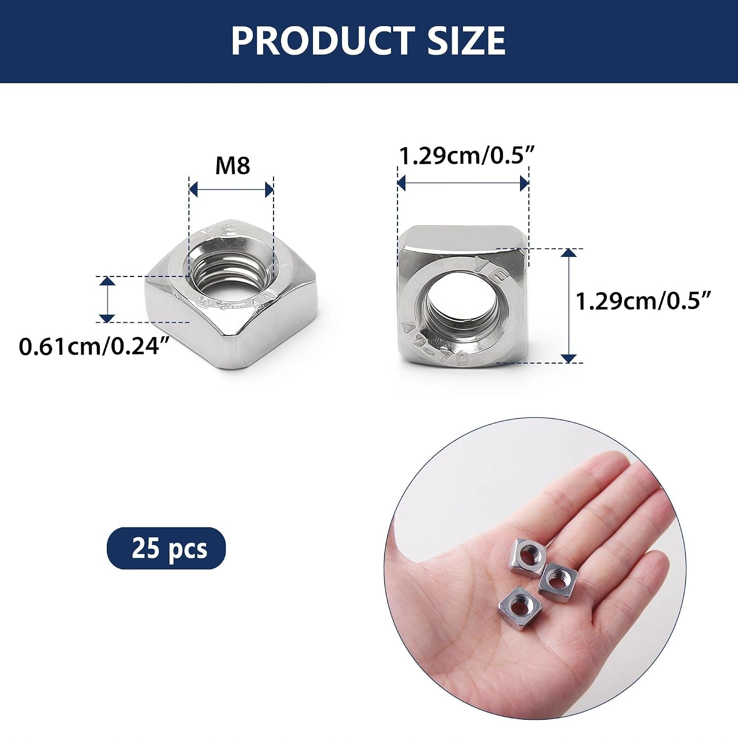 Pack of 25 M8-1.25 Square Nuts - 304 Stainless Steel Coarse Thread Fasteners, M8 Nut Square for Home Repairs, Furniture Assembly & Professional Engineering