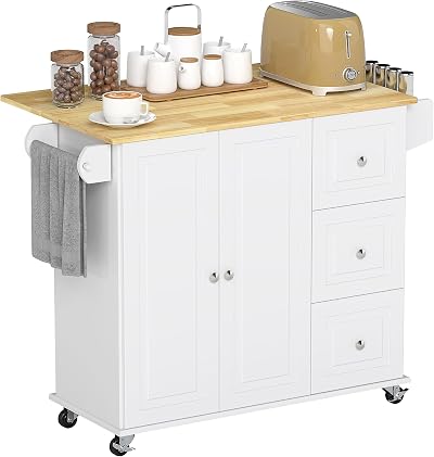 HOMCOM Kitchen Island with Drop Leaf, Rolling Kitchen Cart, Cabinet, White