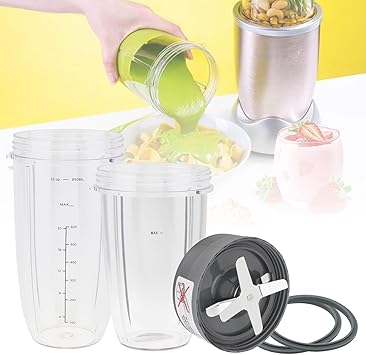 Blender Replacement Parts, 32 oz & 24 oz Blender Cups with Extractor Blade & Rubber Gaskets, Portable Blender Cup Set Compatible with Nutri Bullet 600W / 900W Pro Blenders for Smoothies Shakes