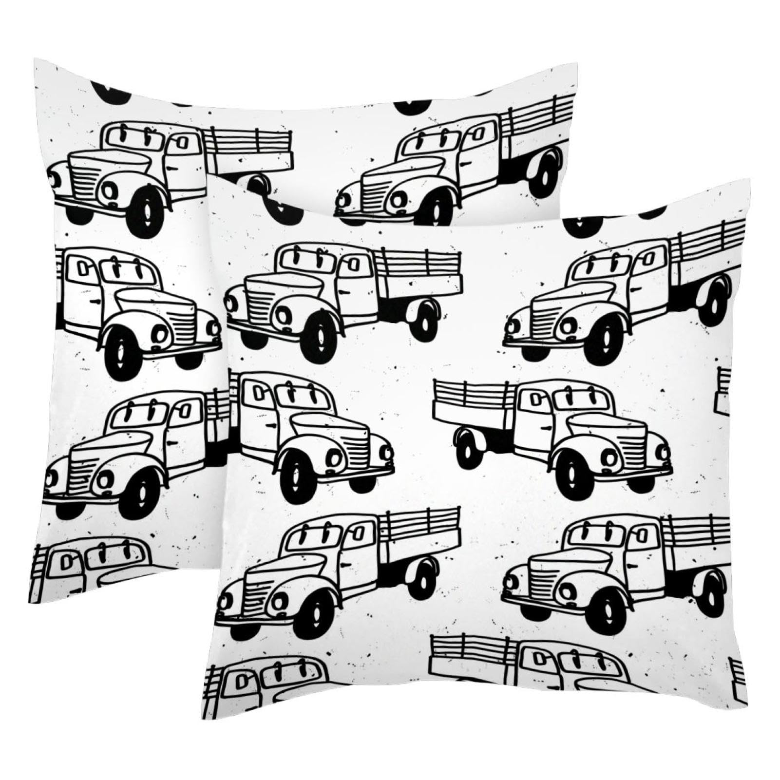 Housse de coussin motif camion 50x50 double face lot de 2 en velours doux
